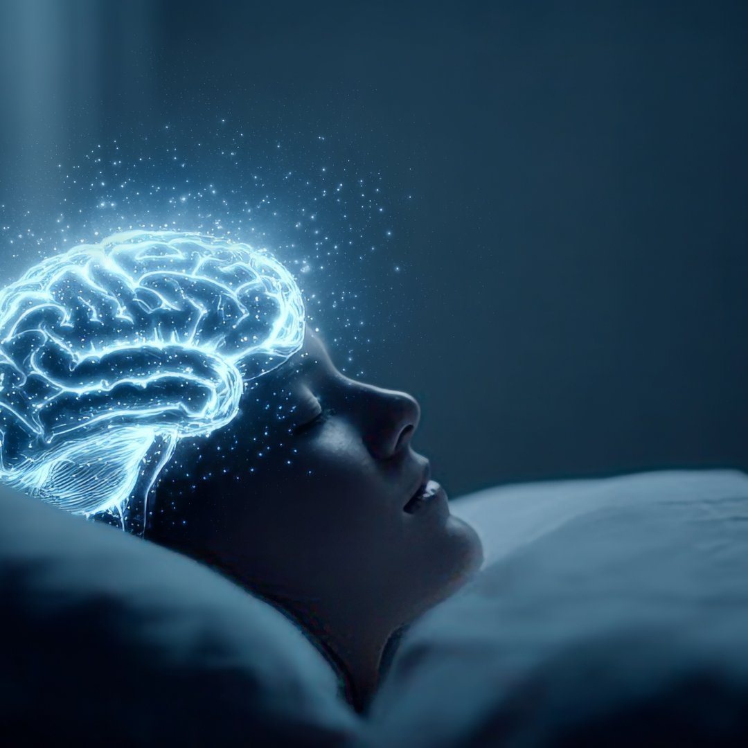 A sleeping person with an illustrated glowing brain
